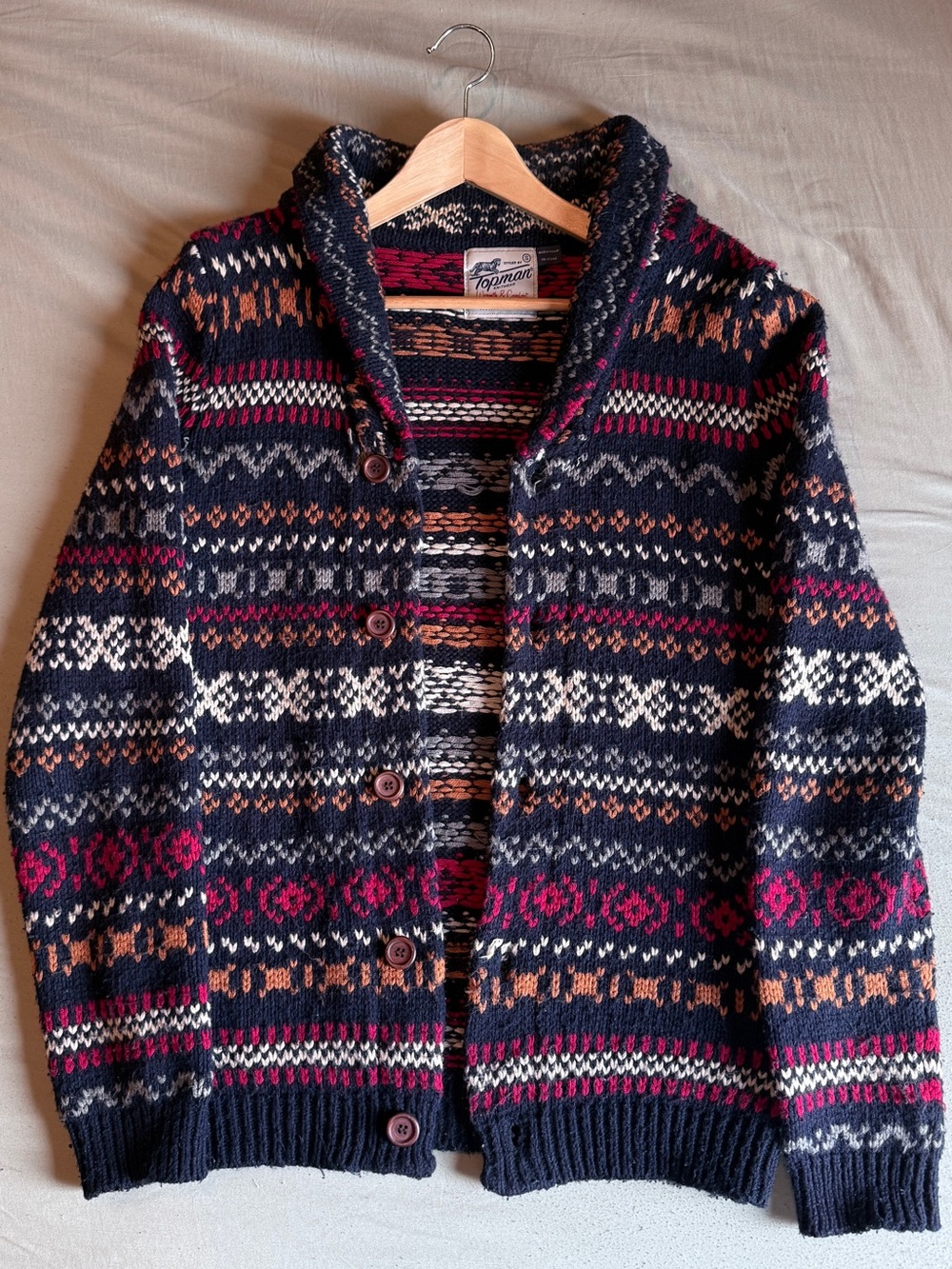 Topman Navy Fair Isle Shawl-Collar Cardigan with Burgundy and Cream Accents